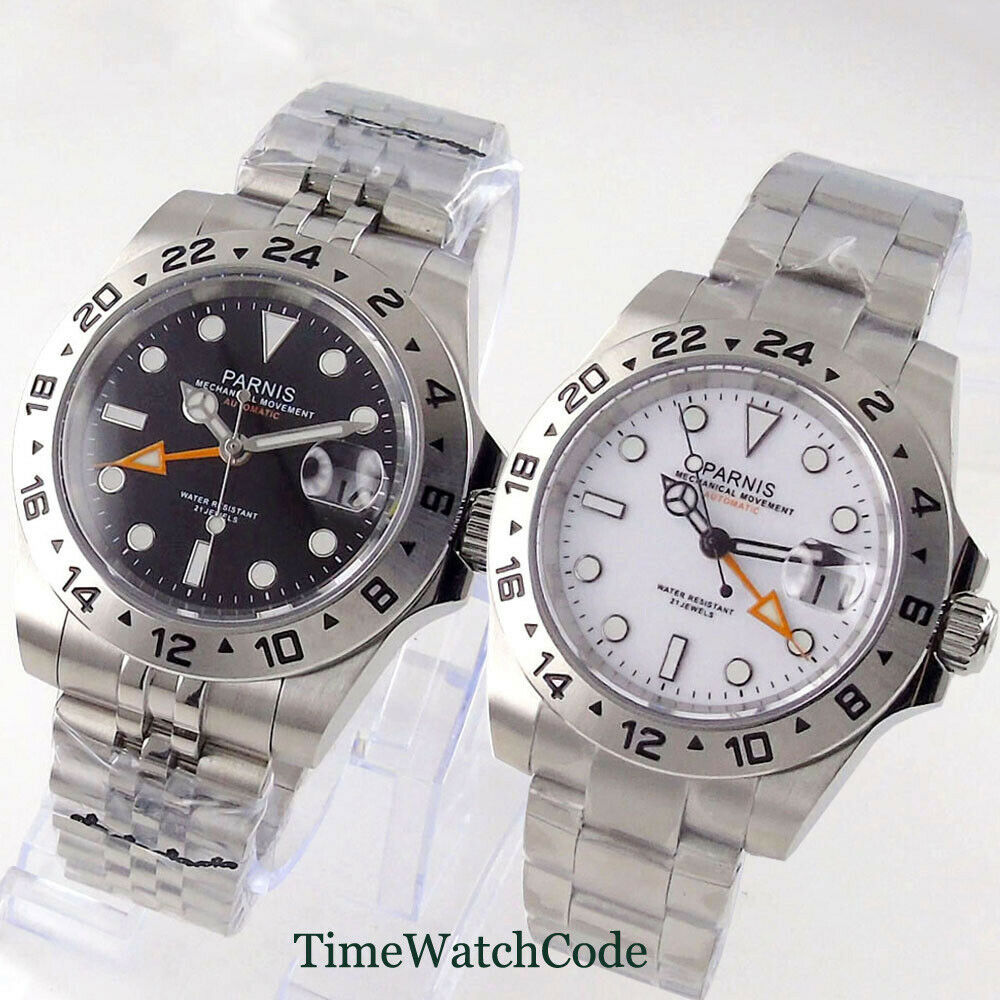 Gmt Dual Timezone Watch - Parnis 40Mm Saffierglas Automatisch Herenhorloge Wit/Zwart